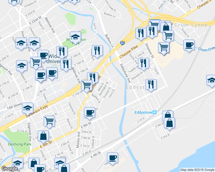 map of restaurants, bars, coffee shops, grocery stores, and more near 1008 Terrill Street in Chester