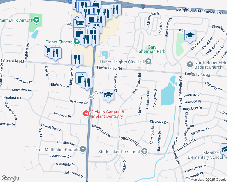 map of restaurants, bars, coffee shops, grocery stores, and more near 7301 Charnwood Drive in Dayton