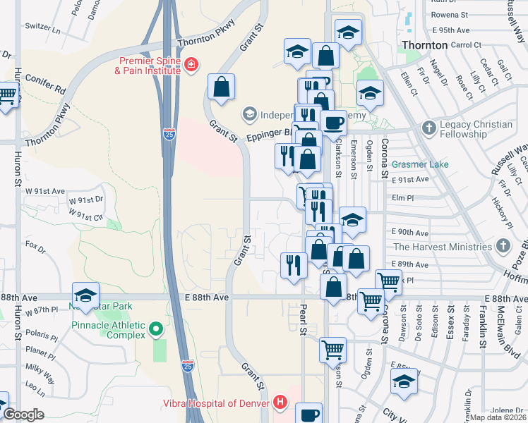 map of restaurants, bars, coffee shops, grocery stores, and more near 427 Russell Boulevard in Thornton