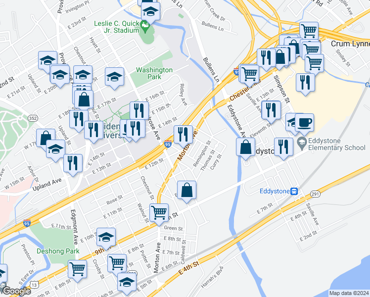 map of restaurants, bars, coffee shops, grocery stores, and more near 1410 East 12th Street in Chester