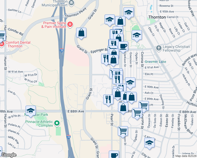 map of restaurants, bars, coffee shops, grocery stores, and more near 427 Russell Boulevard in Thornton