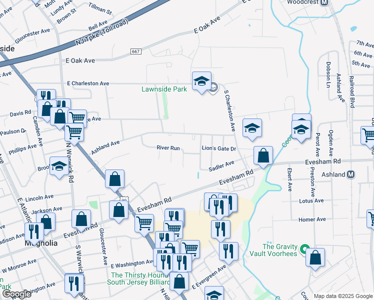 map of restaurants, bars, coffee shops, grocery stores, and more near 40 River Run in Lawnside