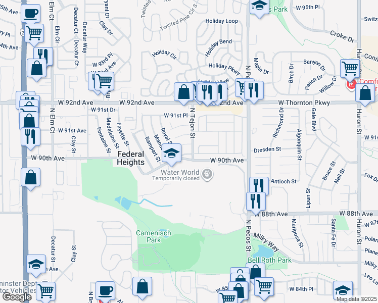 map of restaurants, bars, coffee shops, grocery stores, and more near 2001 Germain Street in Federal Heights