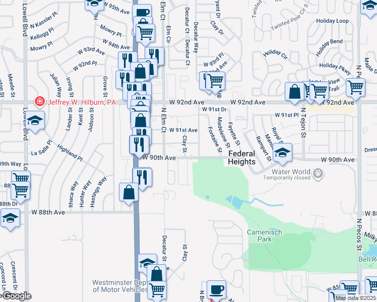 map of restaurants, bars, coffee shops, grocery stores, and more near 2705 West 90th Place in Federal Heights