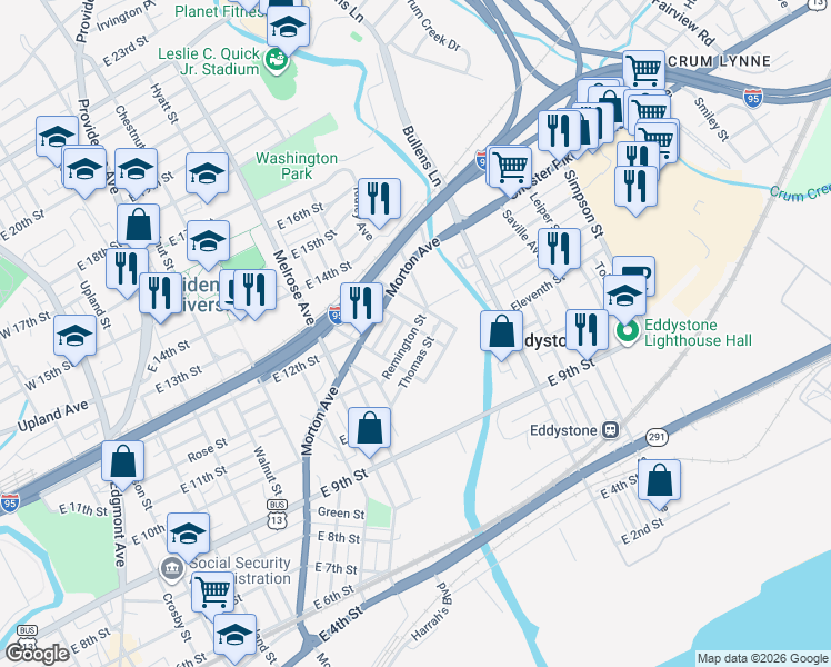 map of restaurants, bars, coffee shops, grocery stores, and more near 1104 Vauclain Street in Chester