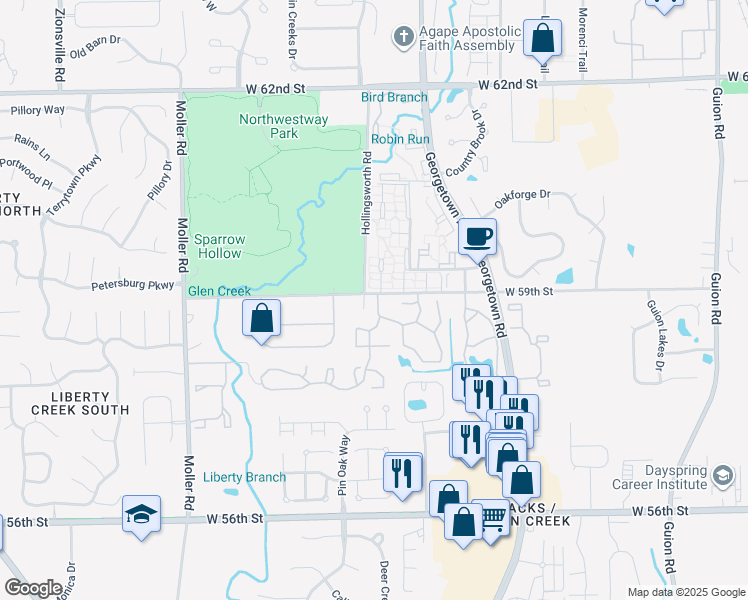 map of restaurants, bars, coffee shops, grocery stores, and more near 5922 Deerwood Court in Indianapolis