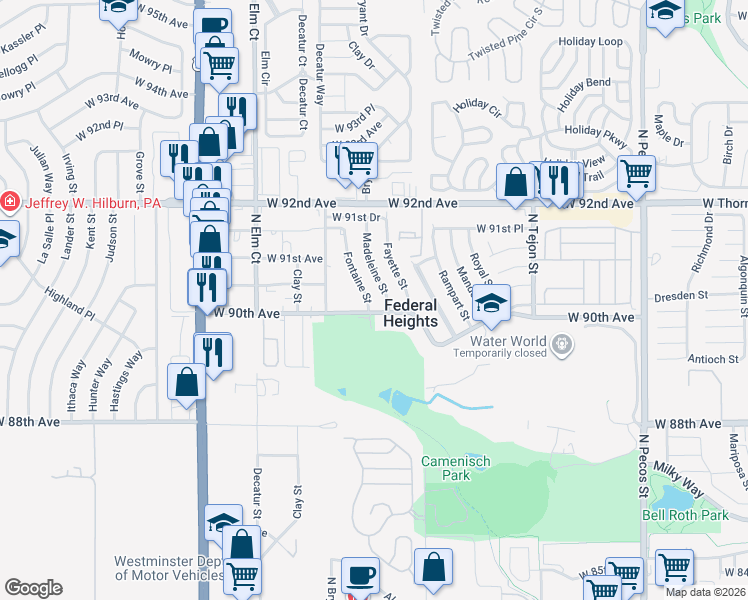 map of restaurants, bars, coffee shops, grocery stores, and more near 9064 Fontaine Street in Federal Heights