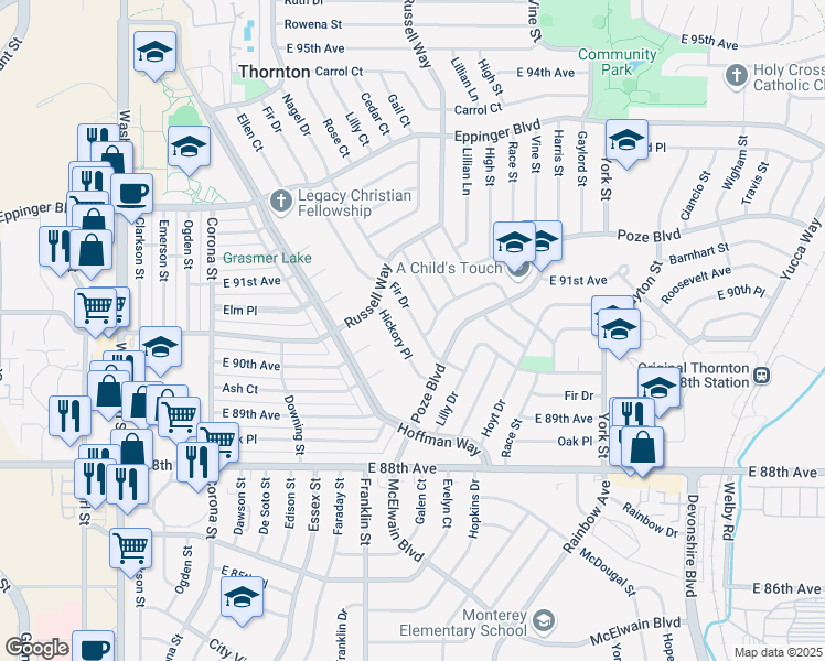 map of restaurants, bars, coffee shops, grocery stores, and more near 9061 Fir Drive in Thornton