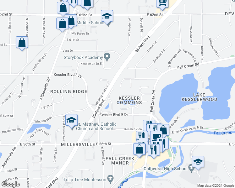 map of restaurants, bars, coffee shops, grocery stores, and more near 4610 Common View Circle in Indianapolis