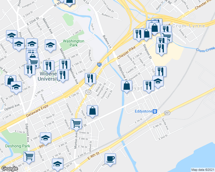 map of restaurants, bars, coffee shops, grocery stores, and more near 1005 Terrill Street in Chester