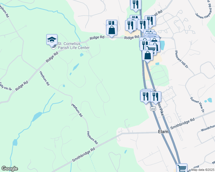 map of restaurants, bars, coffee shops, grocery stores, and more near 15 Ridings Way in Chadds Ford