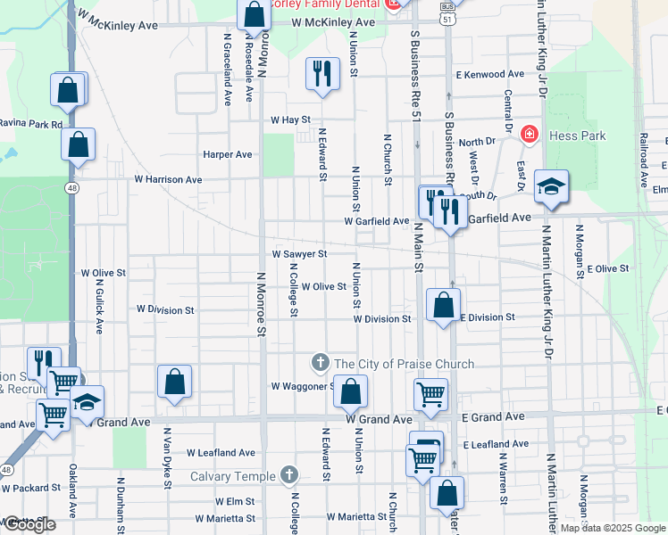 map of restaurants, bars, coffee shops, grocery stores, and more near 300-398 W Sawyer St in Decatur