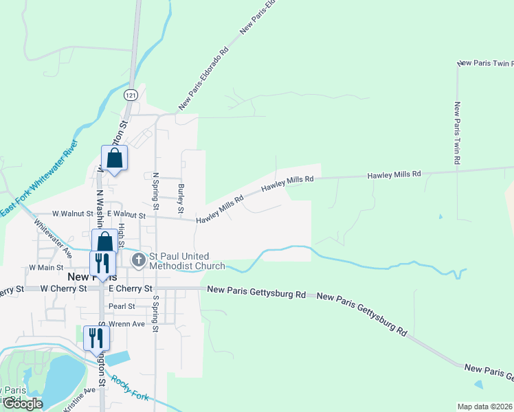 map of restaurants, bars, coffee shops, grocery stores, and more near 8326 Hawley Mills Road in New Paris