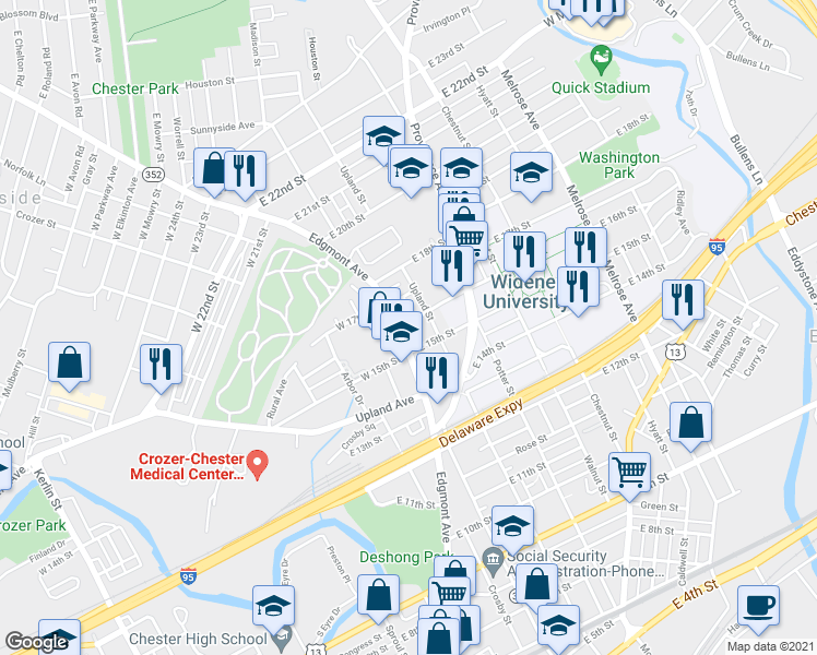 map of restaurants, bars, coffee shops, grocery stores, and more near 1517 Edgmont Avenue in Chester