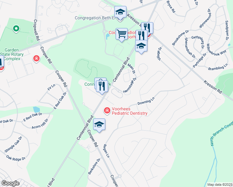 map of restaurants, bars, coffee shops, grocery stores, and more near 1104 Chelsea Court in Voorhees Township