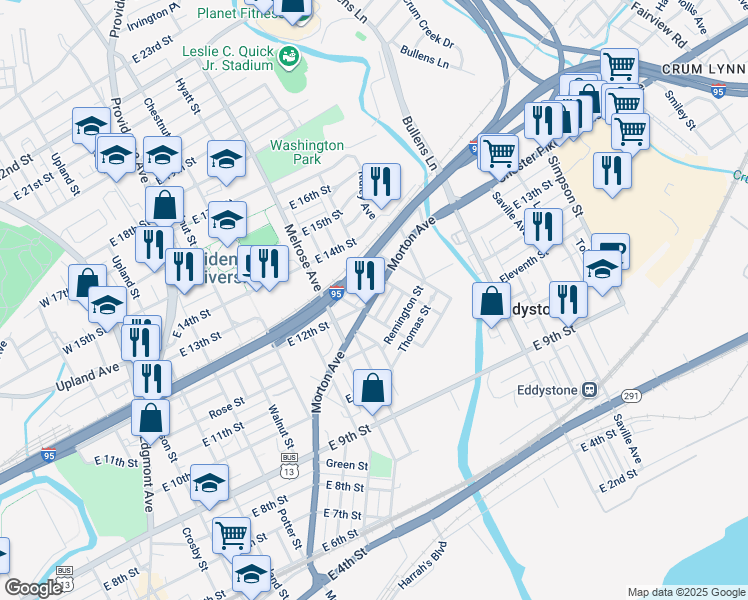 map of restaurants, bars, coffee shops, grocery stores, and more near 1128 Morton Avenue in Chester