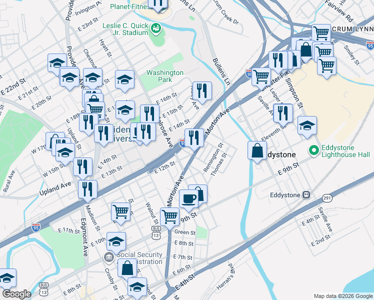 map of restaurants, bars, coffee shops, grocery stores, and more near 1101 Hancock Street in Chester