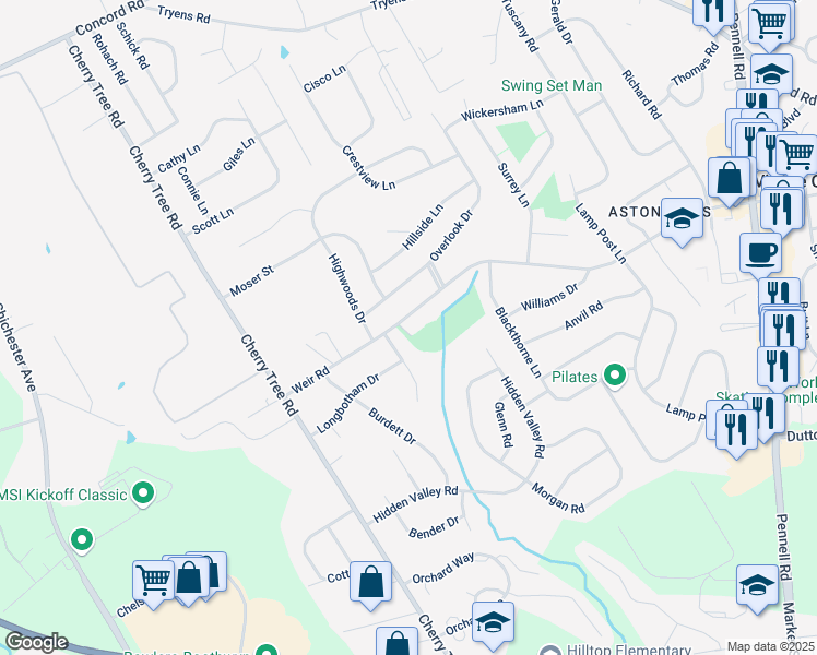 map of restaurants, bars, coffee shops, grocery stores, and more near 2238 Weir Road in Aston