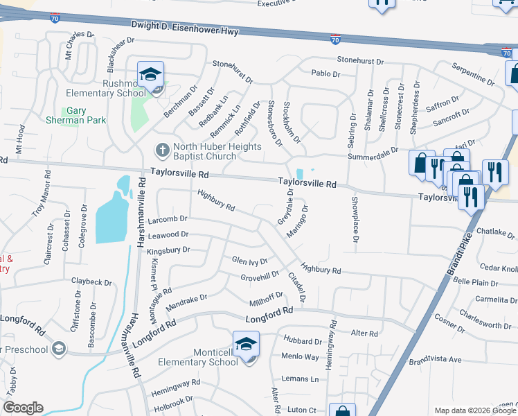 map of restaurants, bars, coffee shops, grocery stores, and more near 7408 Treon Place in Dayton