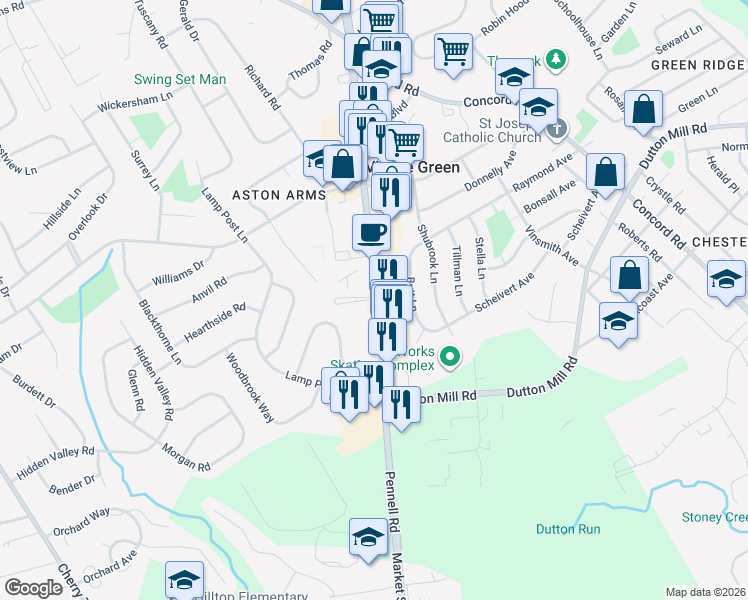 map of restaurants, bars, coffee shops, grocery stores, and more near Hall Drive in Aston