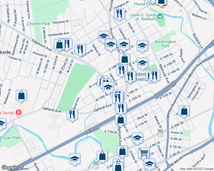 map of restaurants, bars, coffee shops, grocery stores, and more near 1617 Edgmont Avenue in Chester
