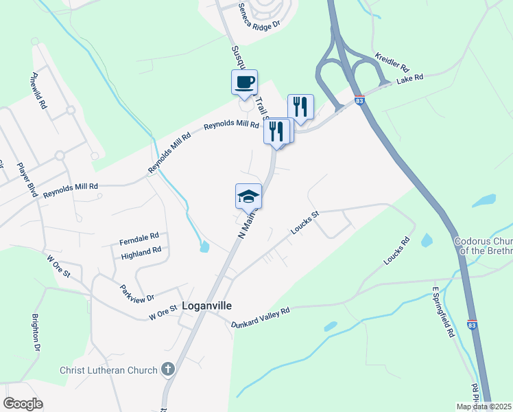 map of restaurants, bars, coffee shops, grocery stores, and more near 167 North Main Street in York