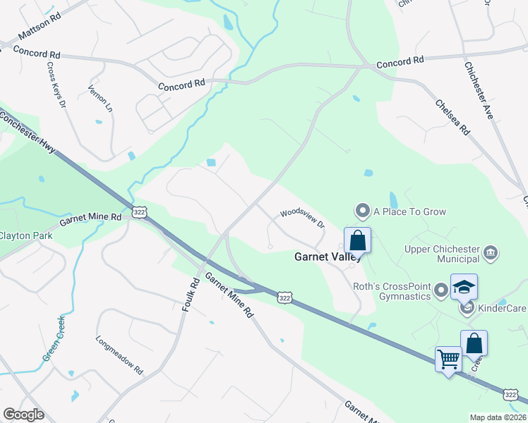 map of restaurants, bars, coffee shops, grocery stores, and more near 1405 Colonial Drive in Garnet Valley