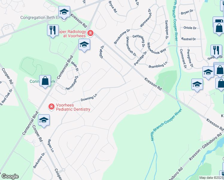 map of restaurants, bars, coffee shops, grocery stores, and more near 51 Downing Lane in Voorhees Township