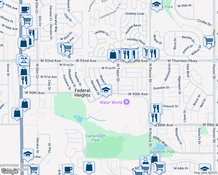 map of restaurants, bars, coffee shops, grocery stores, and more near 2024 Tulane Street in Federal Heights
