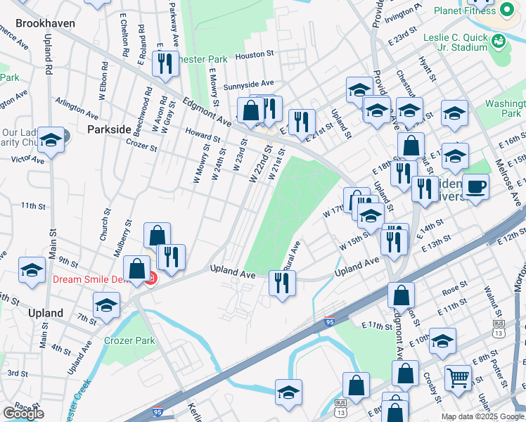 map of restaurants, bars, coffee shops, grocery stores, and more near 253 West 21st Street in Chester