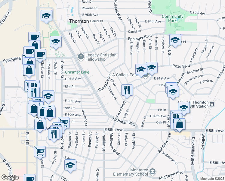 map of restaurants, bars, coffee shops, grocery stores, and more near 9061 Fir Drive in Thornton