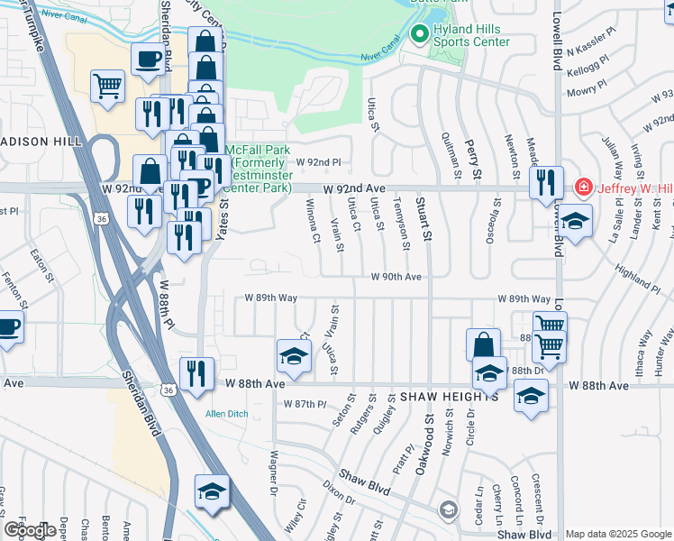 map of restaurants, bars, coffee shops, grocery stores, and more near 9027 Vrain Street in Westminster