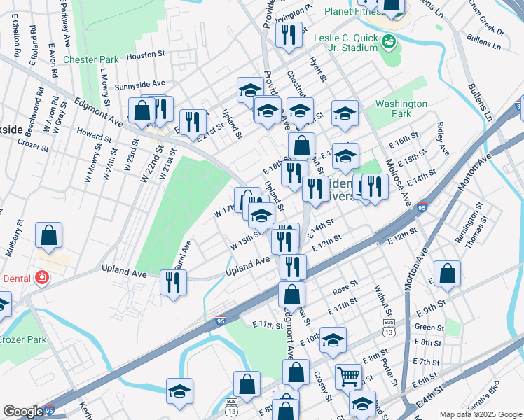 map of restaurants, bars, coffee shops, grocery stores, and more near 1621 Edgmont Avenue in Chester