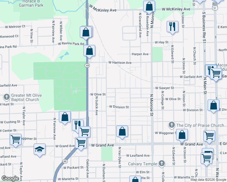 map of restaurants, bars, coffee shops, grocery stores, and more near 940 West Sawyer Street in Decatur