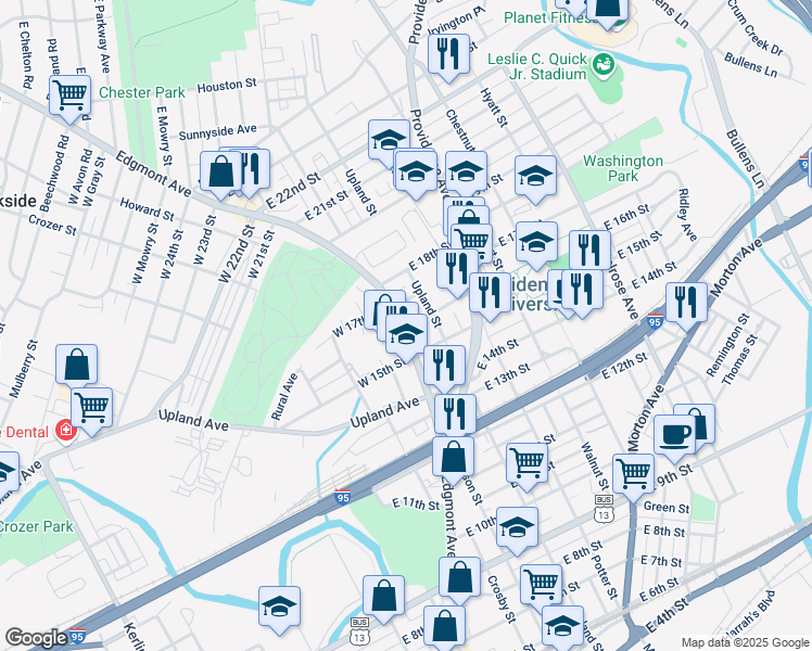 map of restaurants, bars, coffee shops, grocery stores, and more near 1603 Edgmont Avenue in Chester