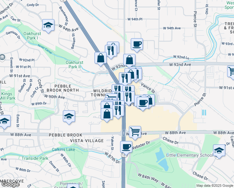 map of restaurants, bars, coffee shops, grocery stores, and more near 9035 Wadsworth Parkway in Westminster