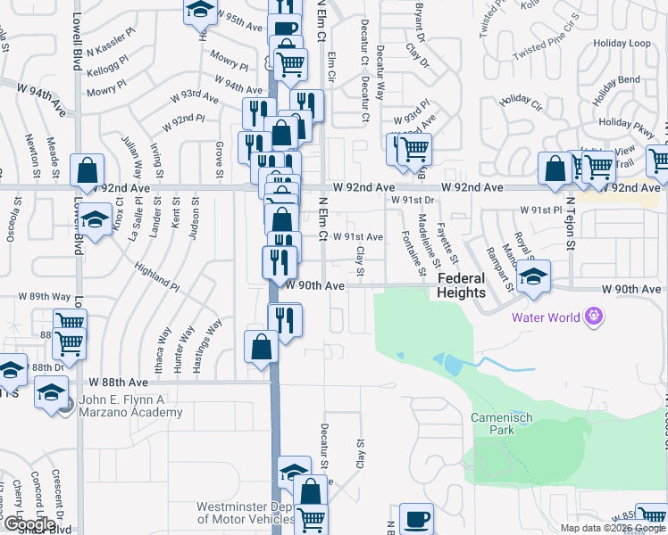 map of restaurants, bars, coffee shops, grocery stores, and more near 9062 North Elm Court in Federal Heights
