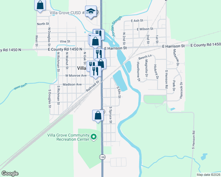 map of restaurants, bars, coffee shops, grocery stores, and more near 305 South Elm Street in Villa Grove