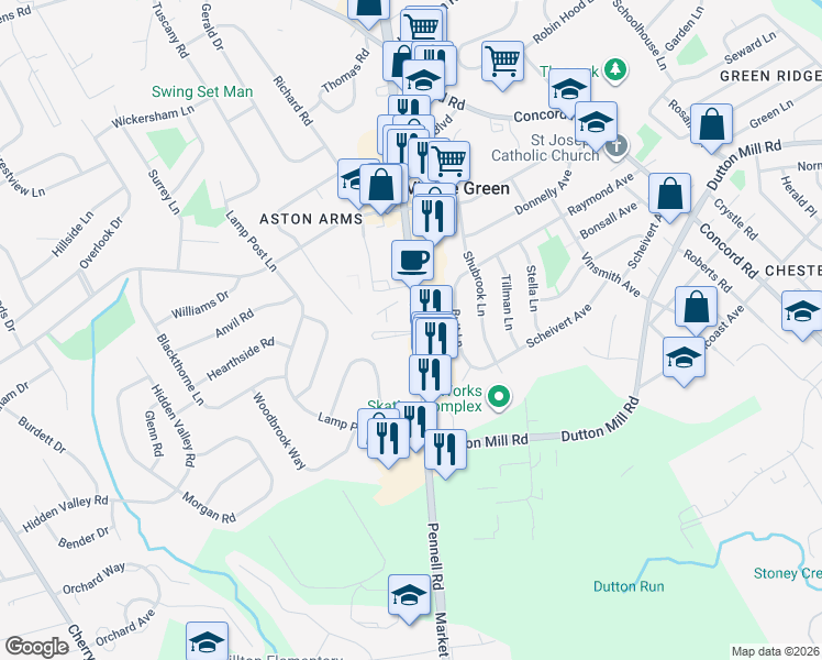 map of restaurants, bars, coffee shops, grocery stores, and more near 4701 Pennell Road in Aston