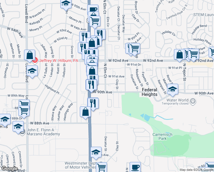 map of restaurants, bars, coffee shops, grocery stores, and more near 9062 North Elm Court in Federal Heights