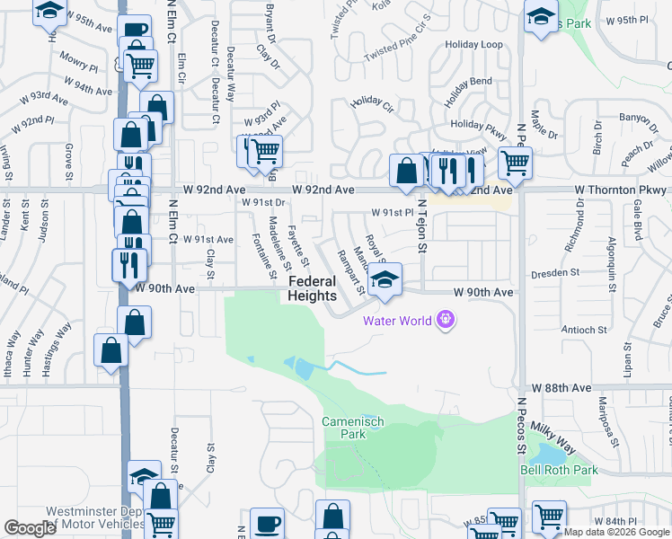 map of restaurants, bars, coffee shops, grocery stores, and more near 9061 Rampart Street in Federal Heights