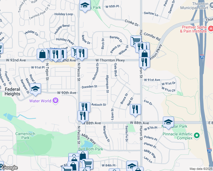 map of restaurants, bars, coffee shops, grocery stores, and more near 270 Dresden Street in Thornton