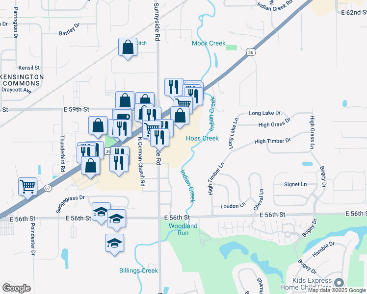 map of restaurants, bars, coffee shops, grocery stores, and more near 5825 Sunnyside Road in Indianapolis
