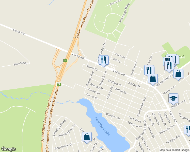 map of restaurants, bars, coffee shops, grocery stores, and more near 1013 Chelsea Street in Forked River