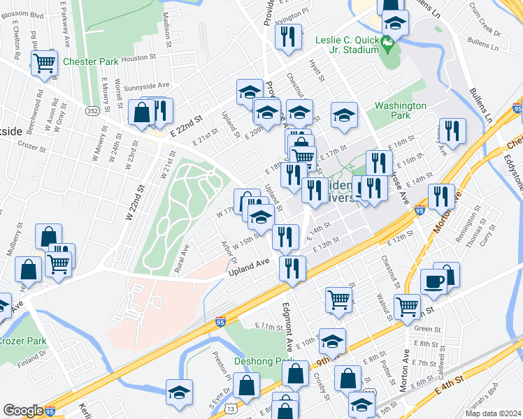 map of restaurants, bars, coffee shops, grocery stores, and more near 17 East 17th Street in Chester