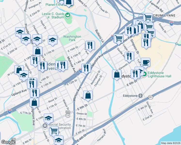 map of restaurants, bars, coffee shops, grocery stores, and more near 1128 Morton Avenue in Chester