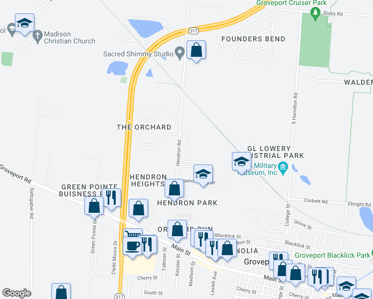 map of restaurants, bars, coffee shops, grocery stores, and more near 5085 Hendron Road in Groveport