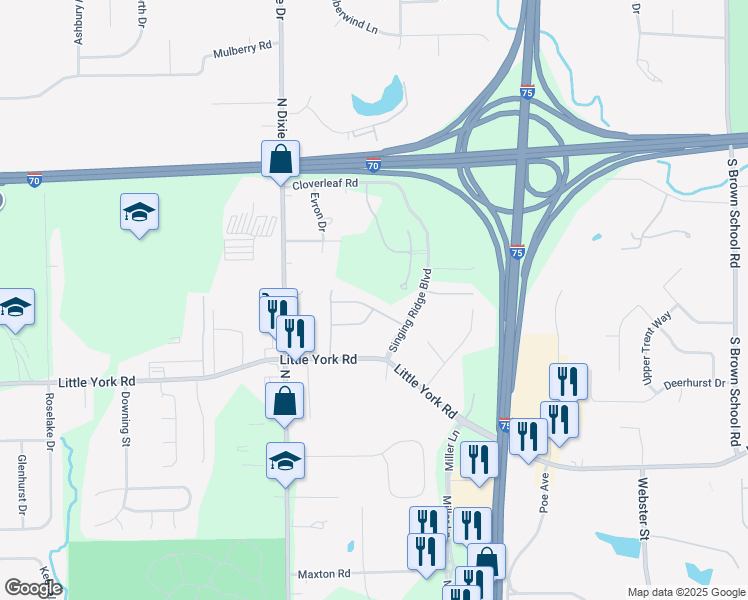map of restaurants, bars, coffee shops, grocery stores, and more near 3743 Whisper Creek Drive in Dayton