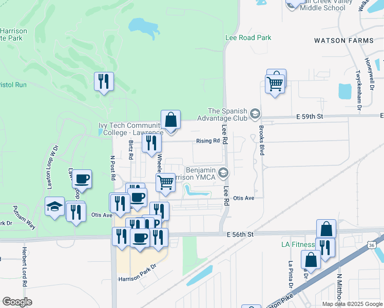 map of restaurants, bars, coffee shops, grocery stores, and more near 9155 Rising Road in Indianapolis