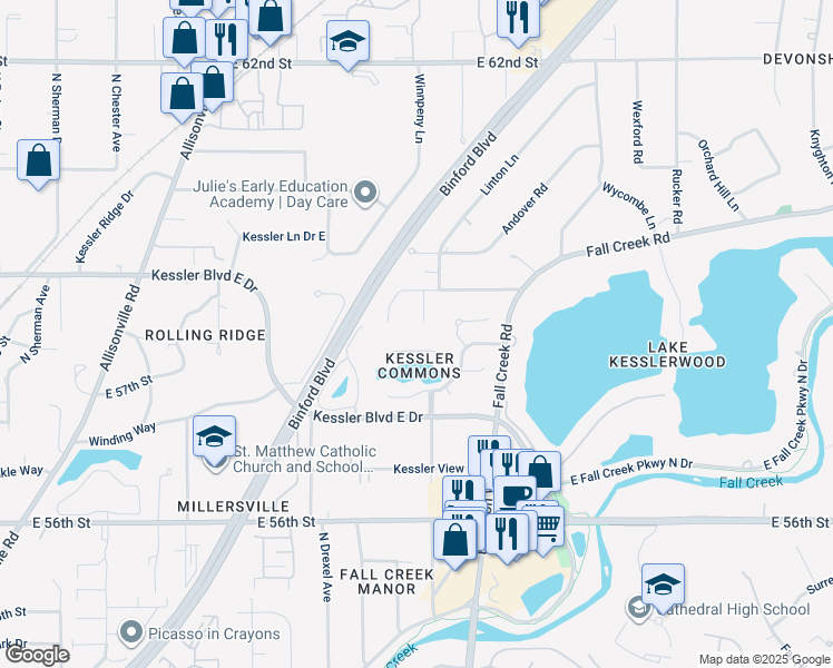 map of restaurants, bars, coffee shops, grocery stores, and more near 5838 Gloucester Circle in Indianapolis